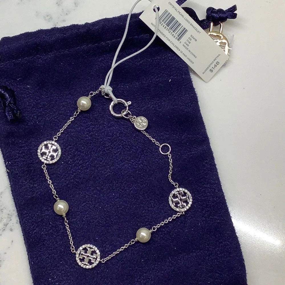 Tory Burch NWT Crystal-Pearl Silvertone Logo Delic $148 MSRP🔥